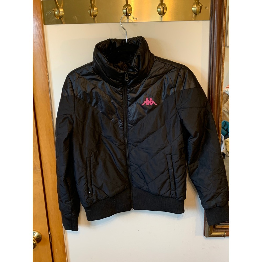 Kappa Womens Black Quilted Puffer Jacket Pink Logo Full Zip Bomber Medium - Picture 1 of 7